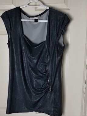Sleeveless Shimmery Denim Color Top with Side Zip Detail